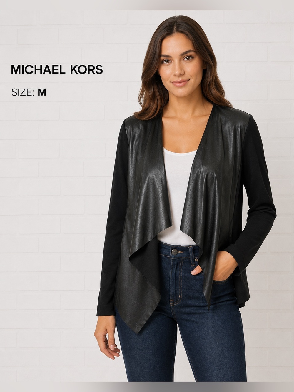 MICHAEL KORS Black Blazer with faux leather Waterfall Front/size M